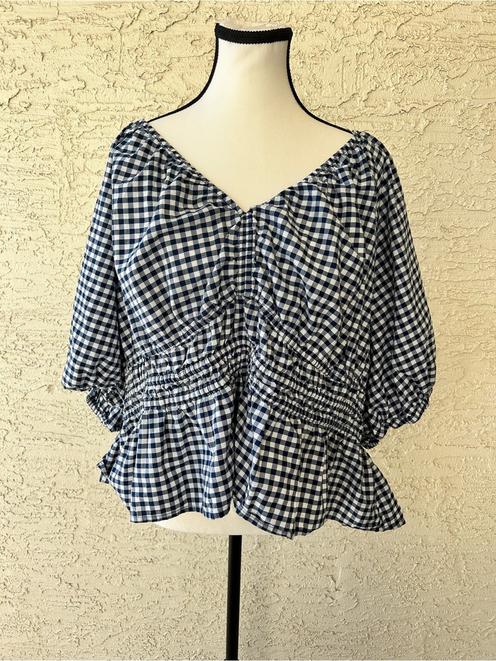 Old Navy Navy and White Gingham Peplum Blouse